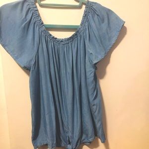 Blue Flowy Off-the-Shoulder Blouse